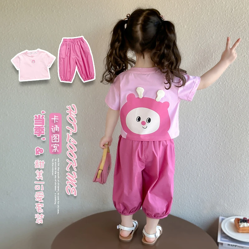 女童夏季运动套装2025新款宝宝卡通短袖夏装小女孩灯笼裤两件套潮