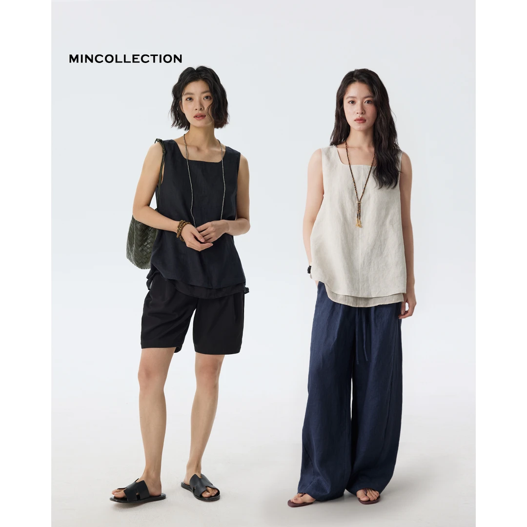 DE Mincollection双层麻背心/row风简约方u领假两件亚麻背心55102