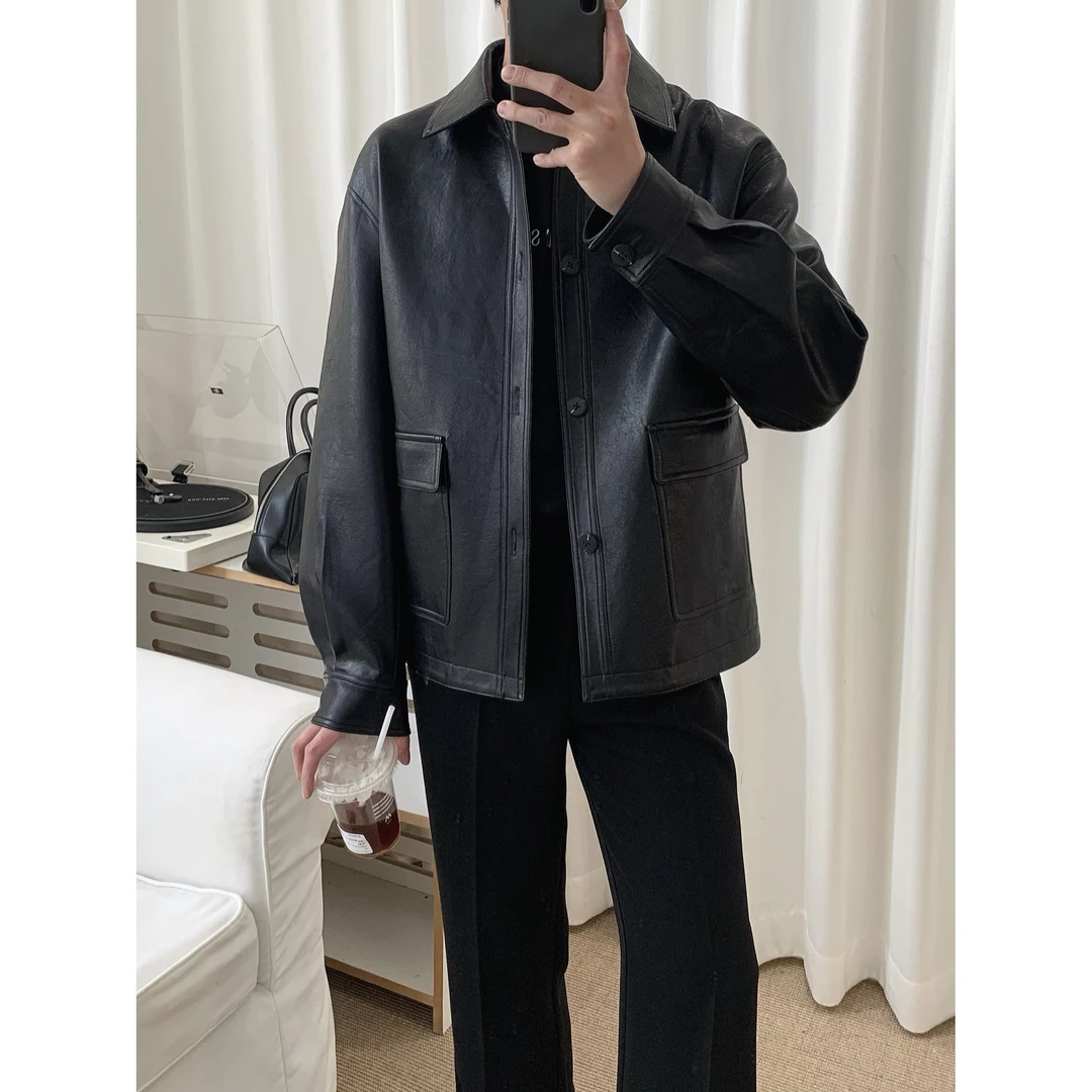 阿茶与阿古黑色韩版皮衣外套男春秋2025新款皮夹克上衣A2501103