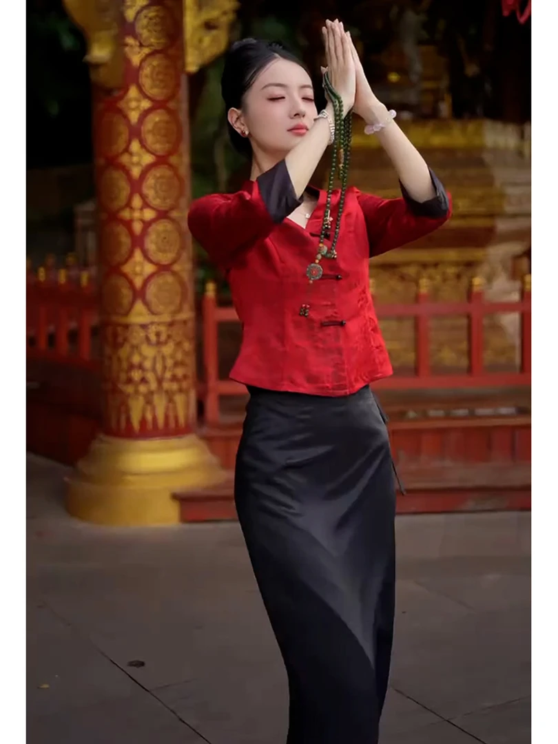 夏季流行穿搭一整套女2025新款新中式国风盘扣衬衫半身裙两件套潮