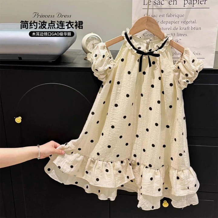 布丁哈鲁【可爱波点】2024女童夏款时尚洋气波点挂脖连衣裙G42DA401