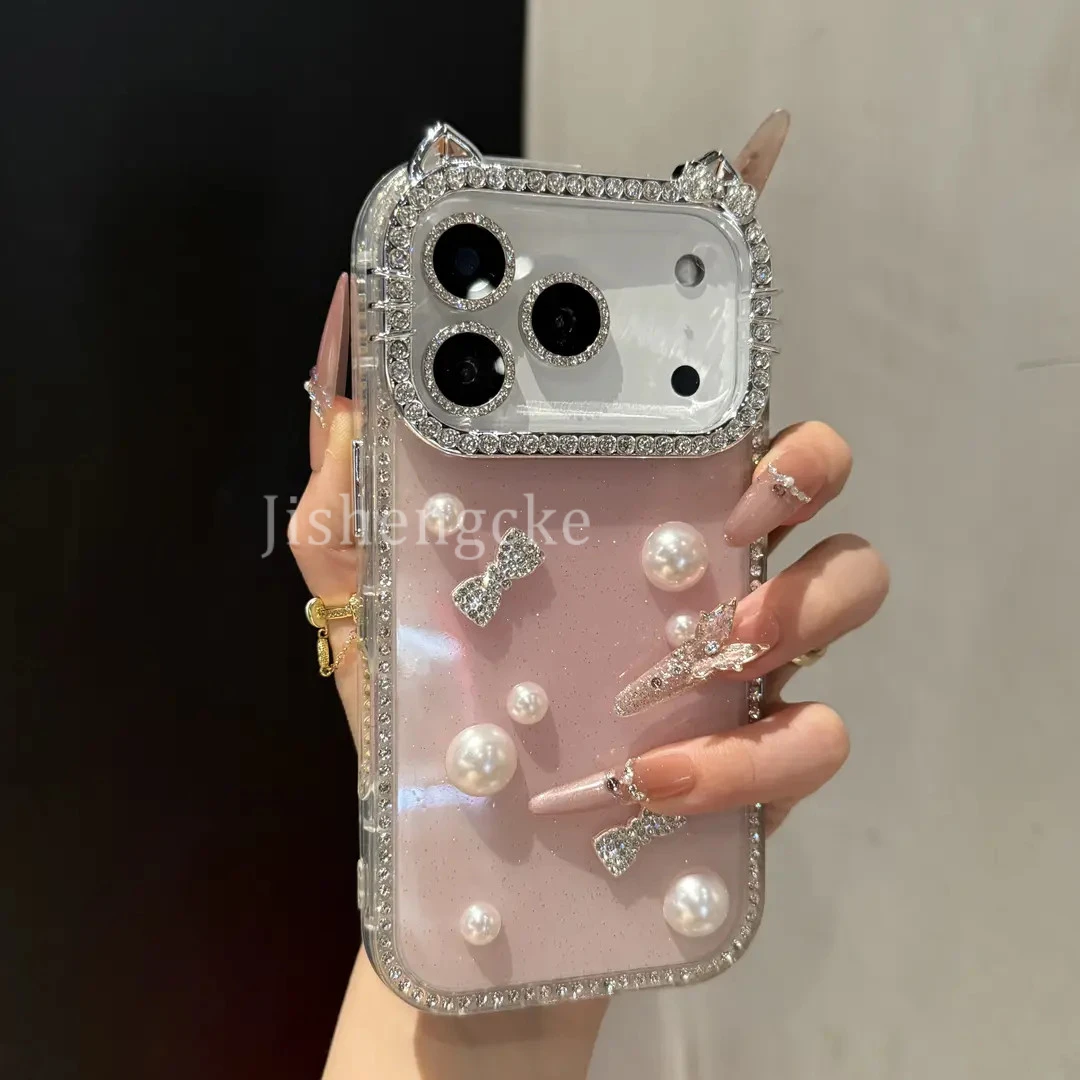 高级双面镶钻珍珠猫咪适用苹果17promax手机壳16pro时尚15唯美14