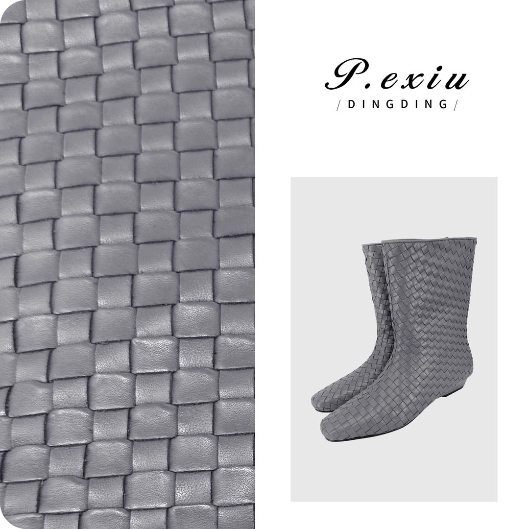 小牛皮小方头手工编织坡跟瘦瘦中筒短靴 TB25003