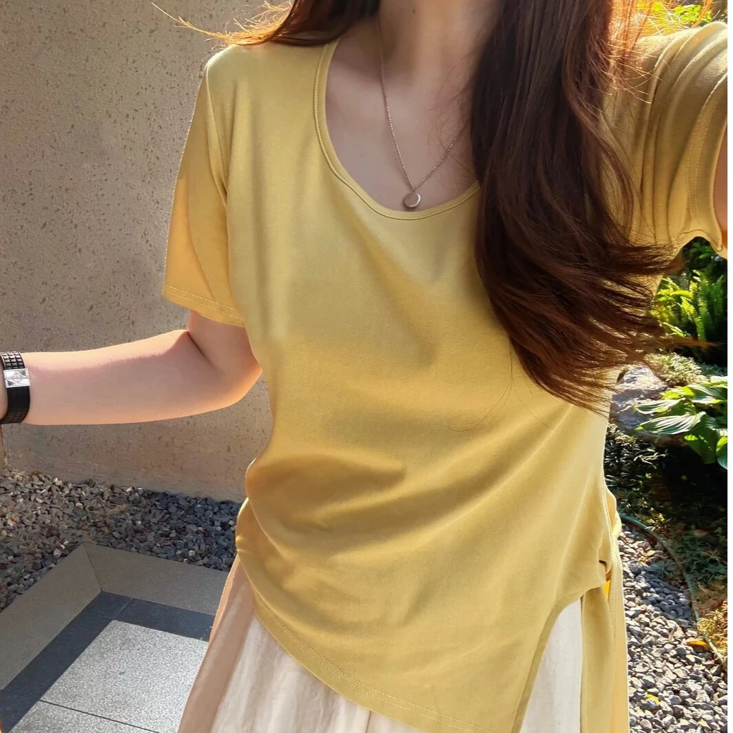 大码洋气甜美风正肩系带收腰短袖t恤女夏季新款百搭显瘦气质上衣