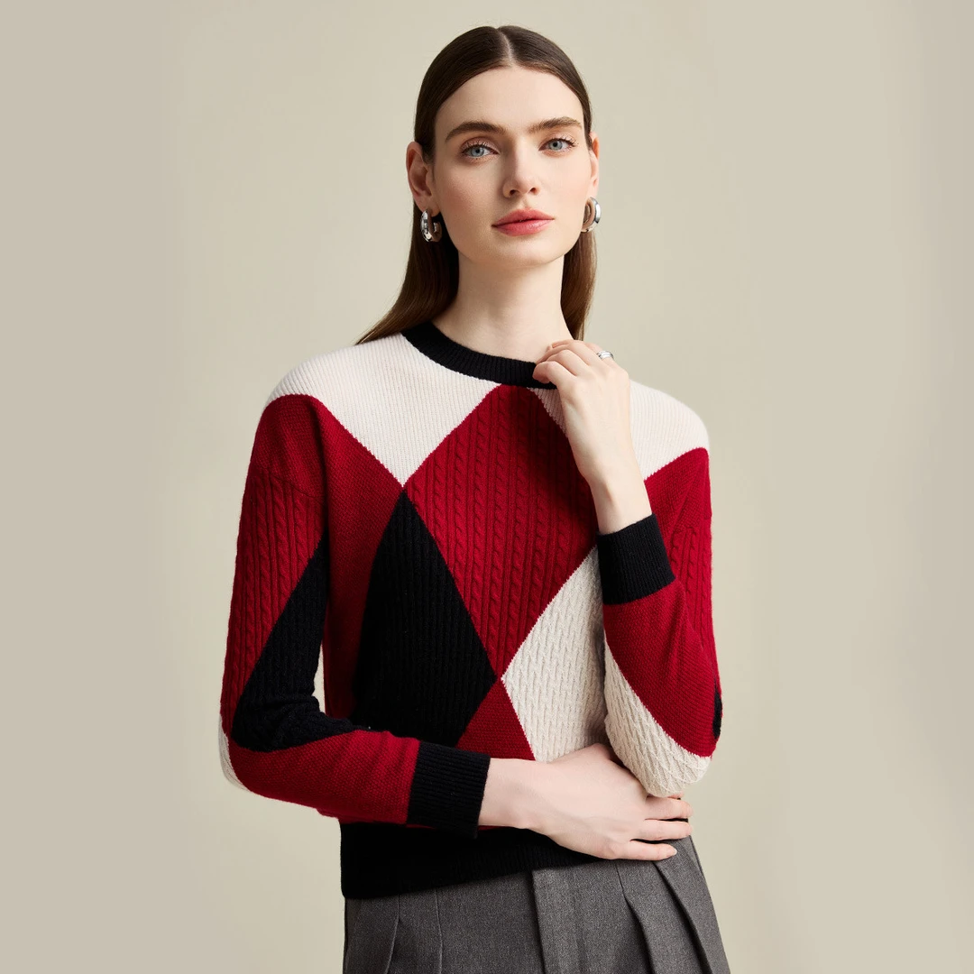 zhaojun/兆君24秋冬新款拼色圆领针织时尚女式格子羊绒衫ZAQ2502