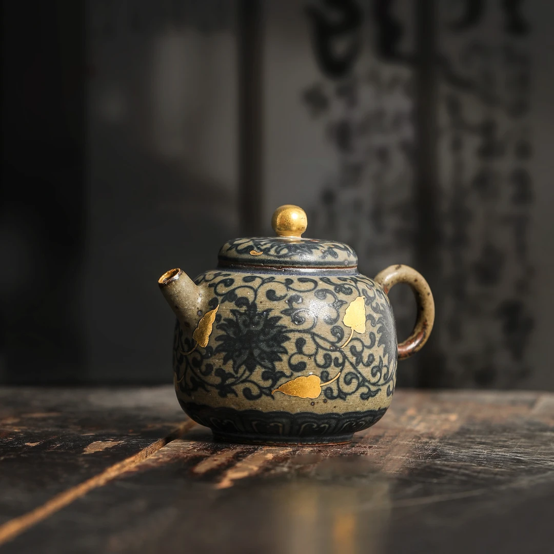 茶壶2025新款景德镇聆雨堂粗陶纯手工描金青花手绘缠枝莲功夫茶具