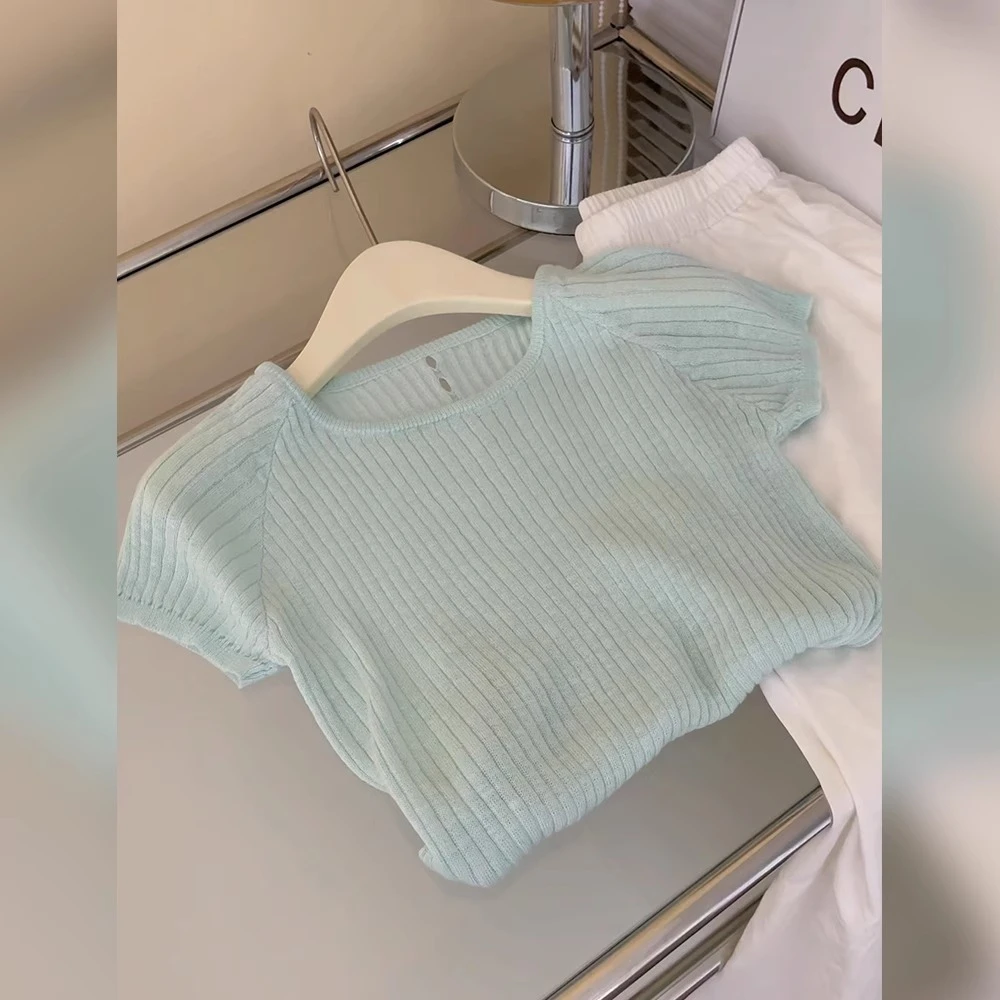 薄荷绿色针织正肩冰丝短袖T恤女2025新款爆款夏季多巴胺chic上衣