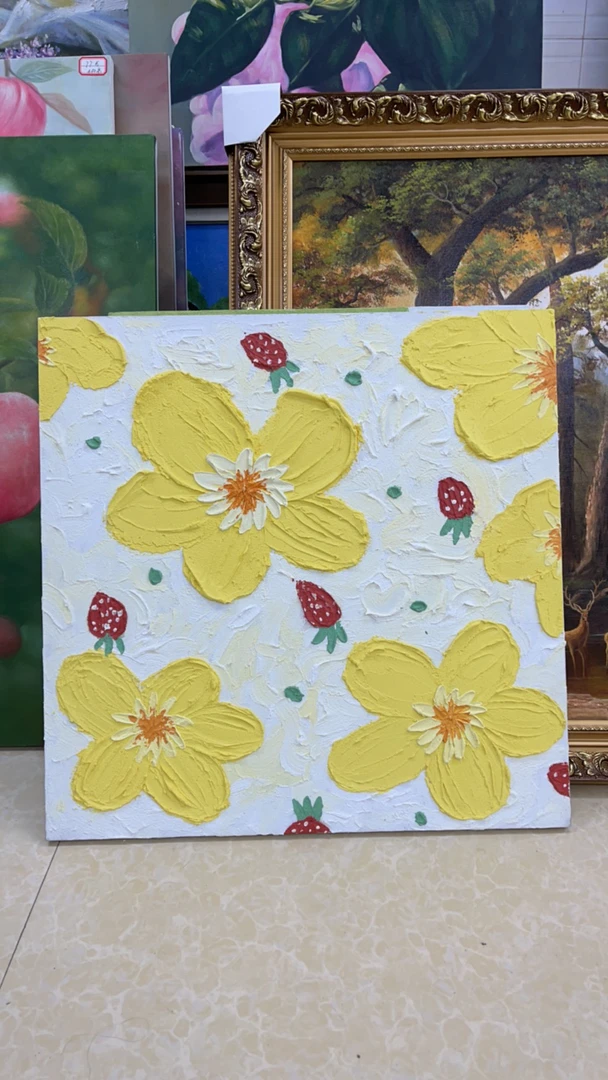 奶油色清新花朵立体肌理画石英砂丙烯数字油画装饰画