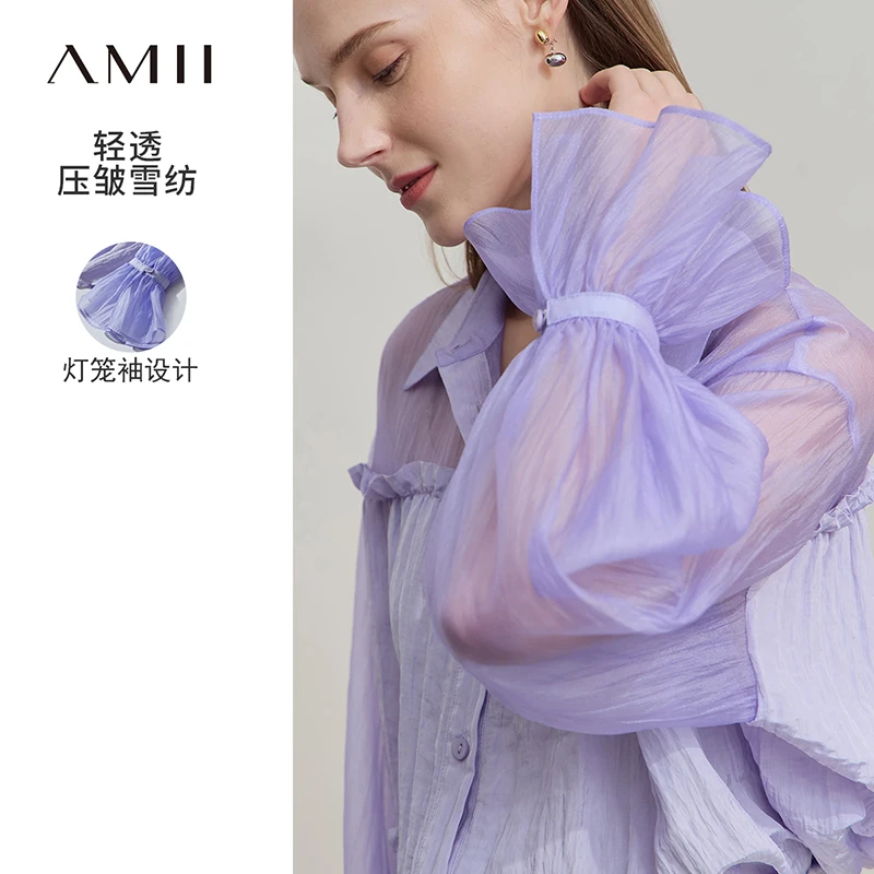 Amii微透翻领法式做皱肌理感梭织灯笼袖雪纺衫女12541104