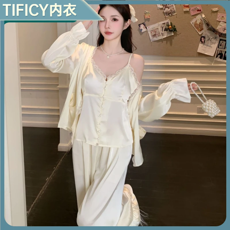 1法式性感睡衣三件套带胸垫蕾丝边少女长袖长裤家居服套装宫廷少l