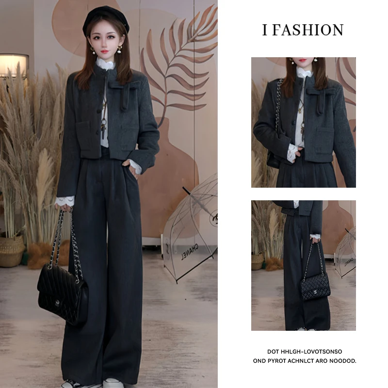 巨好看的冬装一整套女2025新款加绒加厚蝴蝶结短外套阔腿裤两件套