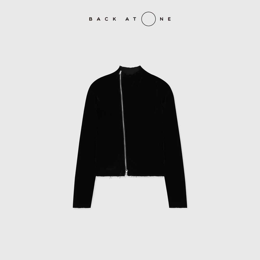 BackAtOne“小华贵”奢美R*O显瘦黑色斜拉链丝绒外套 BFS-1BC103C-K