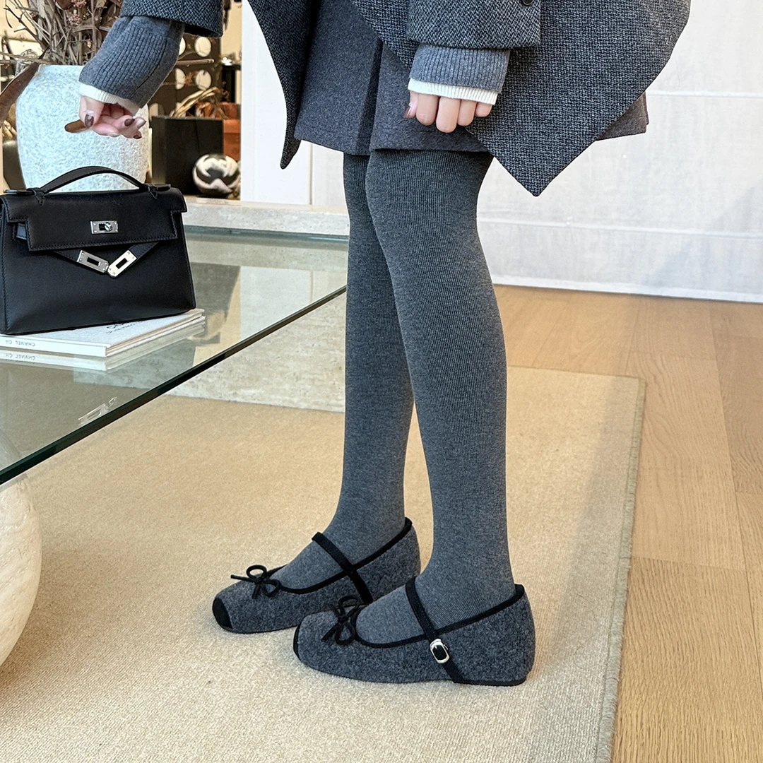 薄款黑色加厚加绒旅游百搭时尚女鞋单鞋增高圆头呢子料毛绒蝴蝶结