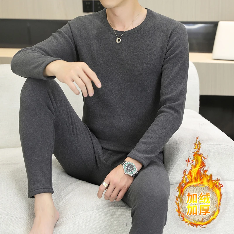 男士保暖内衣羊羔绒加厚加绒套装冬季中青年圆领秋衣秋裤内衣套装
