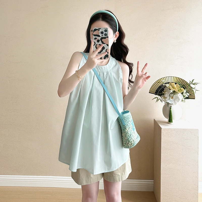 可盐可甜孕妇装夏季薄款遮肚子显瘦无袖上衣宽松小清新挂脖娃娃衫