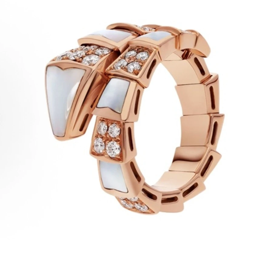 95新 BVLGARI/宝格丽 白贝母双排钻宽版蛇骨戒指m码52号15574527
