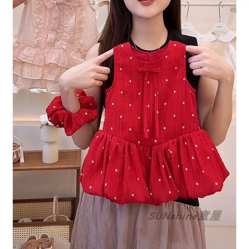【暑假福利】原创高级感红色花苞裙女宝宝夏季小花背心裙复古裙子