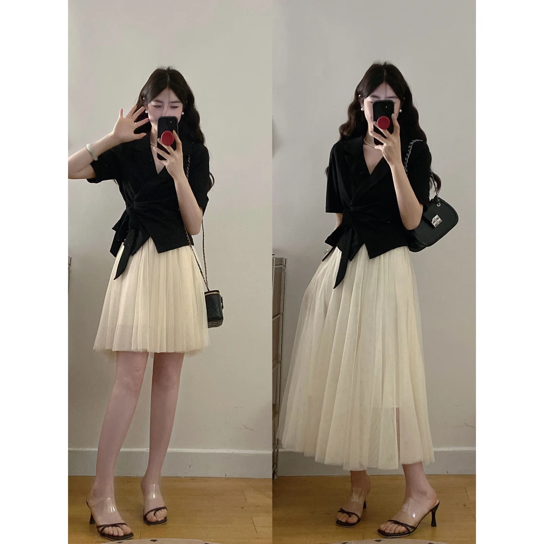 微胖定制秀场高定夏季新款小众设计感西装+A字纱裙