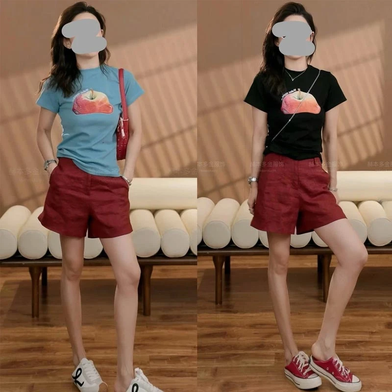 2025年夏季新款美式印花半袖时尚紧身修身百搭显瘦短款上衣女套装