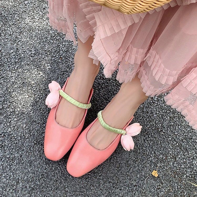 郁金香花苞包头半拖鞋女真皮一字带玛丽珍高级感夏天外穿新款网红