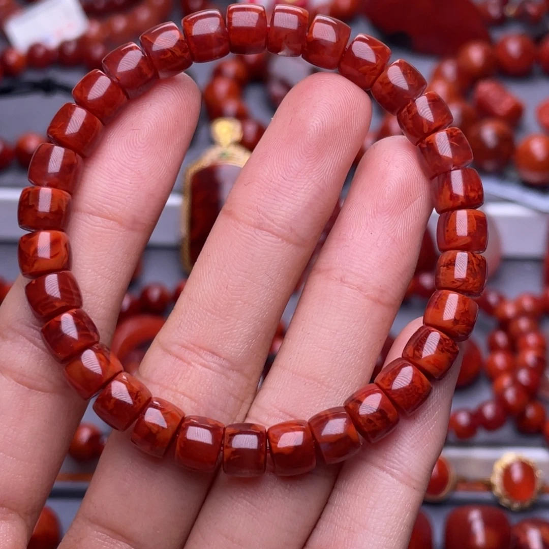 南红玛瑙未镶嵌其他全品原矿）7mm瓦西玫瑰红妖火焰直切手串