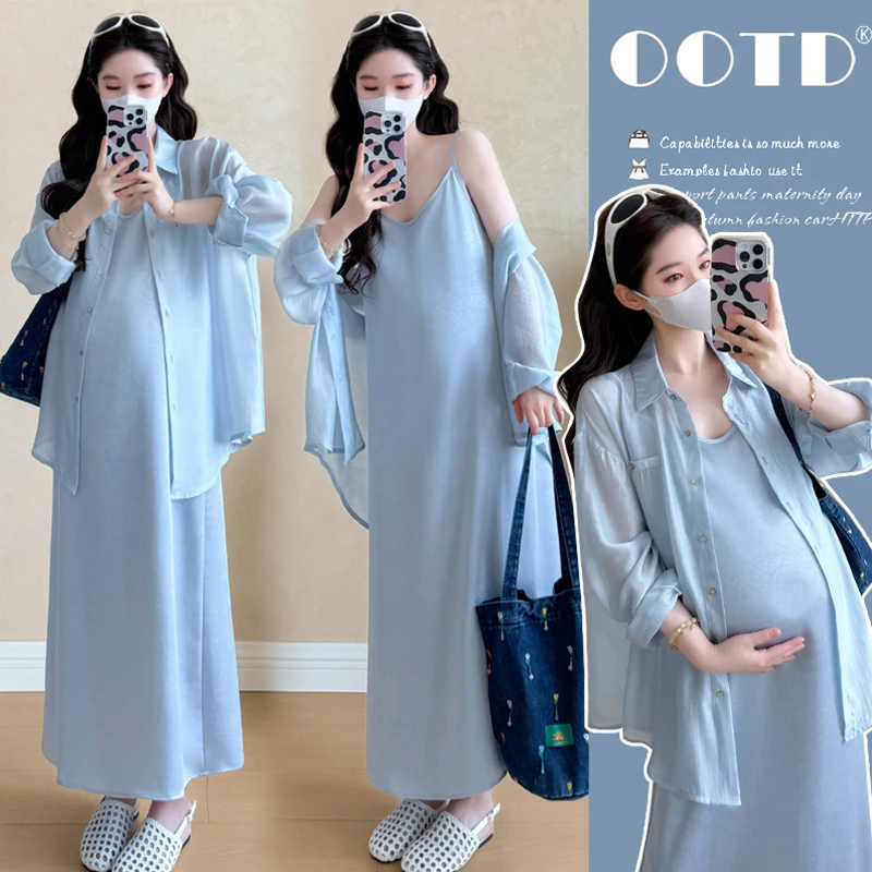 时髦孕妇装新款2025夏季新款韩版时尚洋气提花吊带防晒衬衣两件套