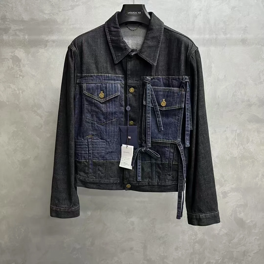 99新 LouisVuitton/路易威登 黑色蝴蝶结拼色单排扣牛仔外套/44