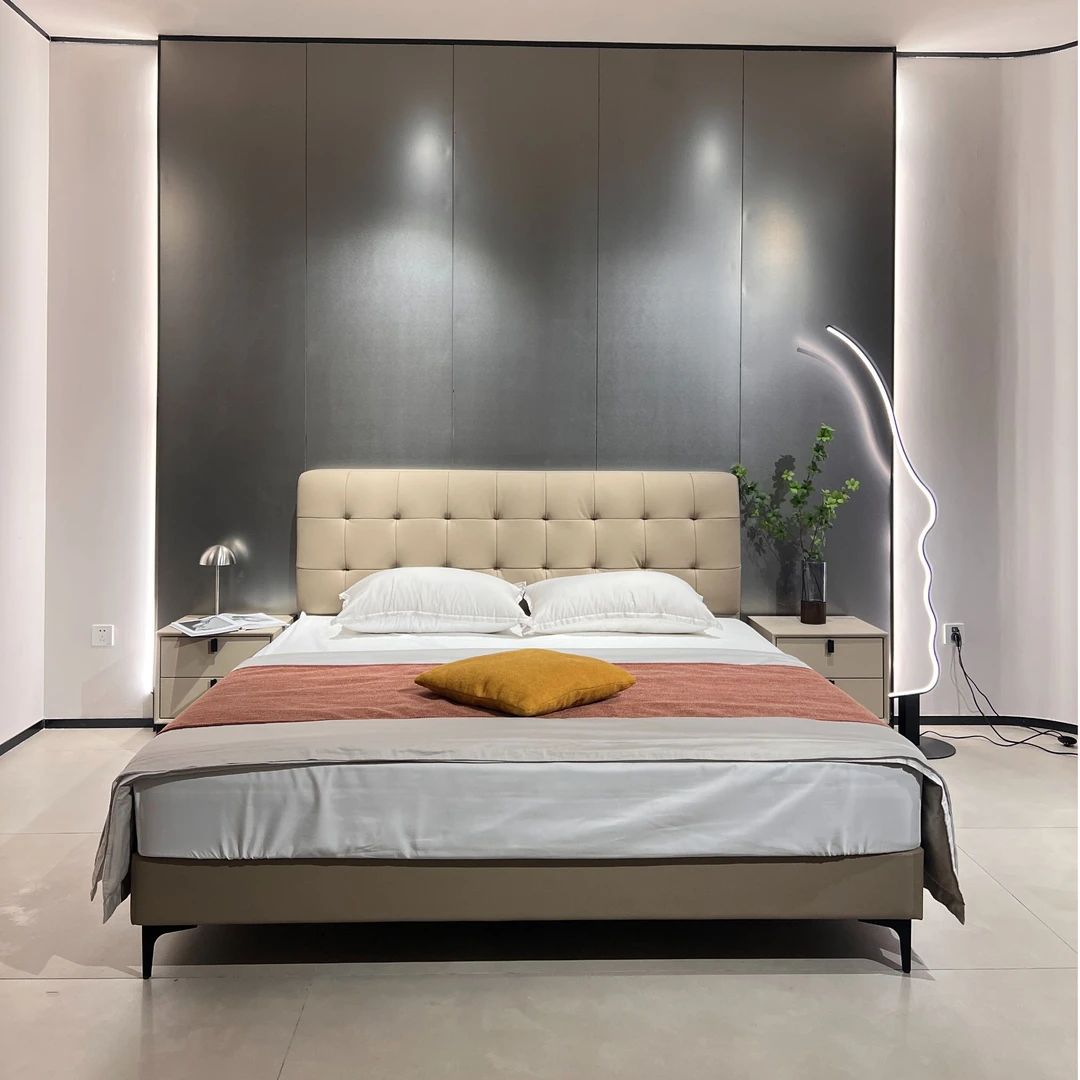 意式极简华夫格真皮夜灯悬浮床小户型主卧室牛皮双人婚床现代简约