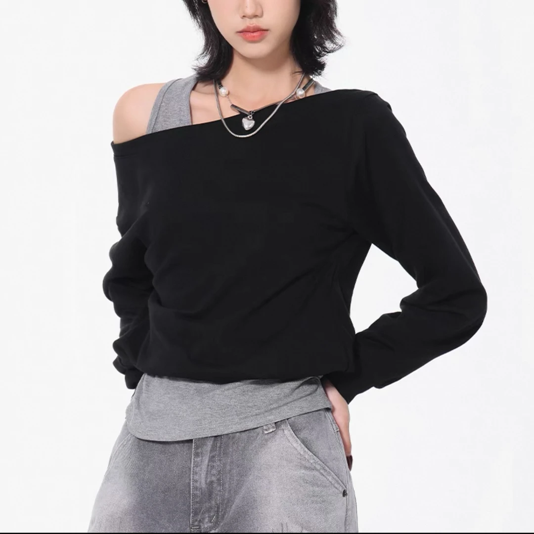 设计感纯欲露肩斜肩卫衣+背心两件套女2025早春新款外穿长袖12887