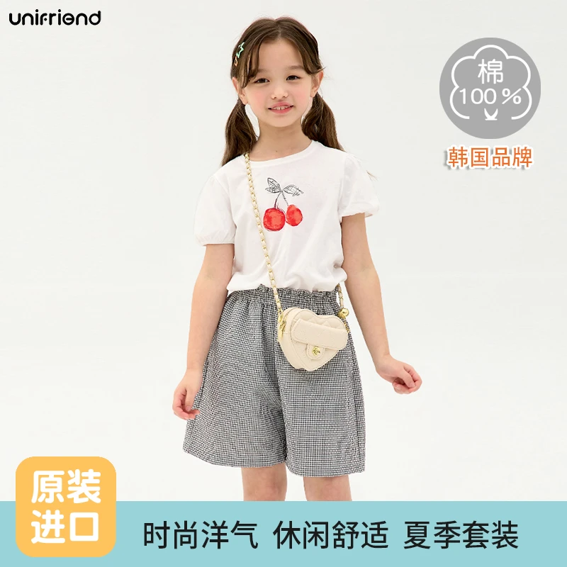 unifriend夏季男女童洋气卡通风A类纯棉T恤裤子套装潮款短袖男童