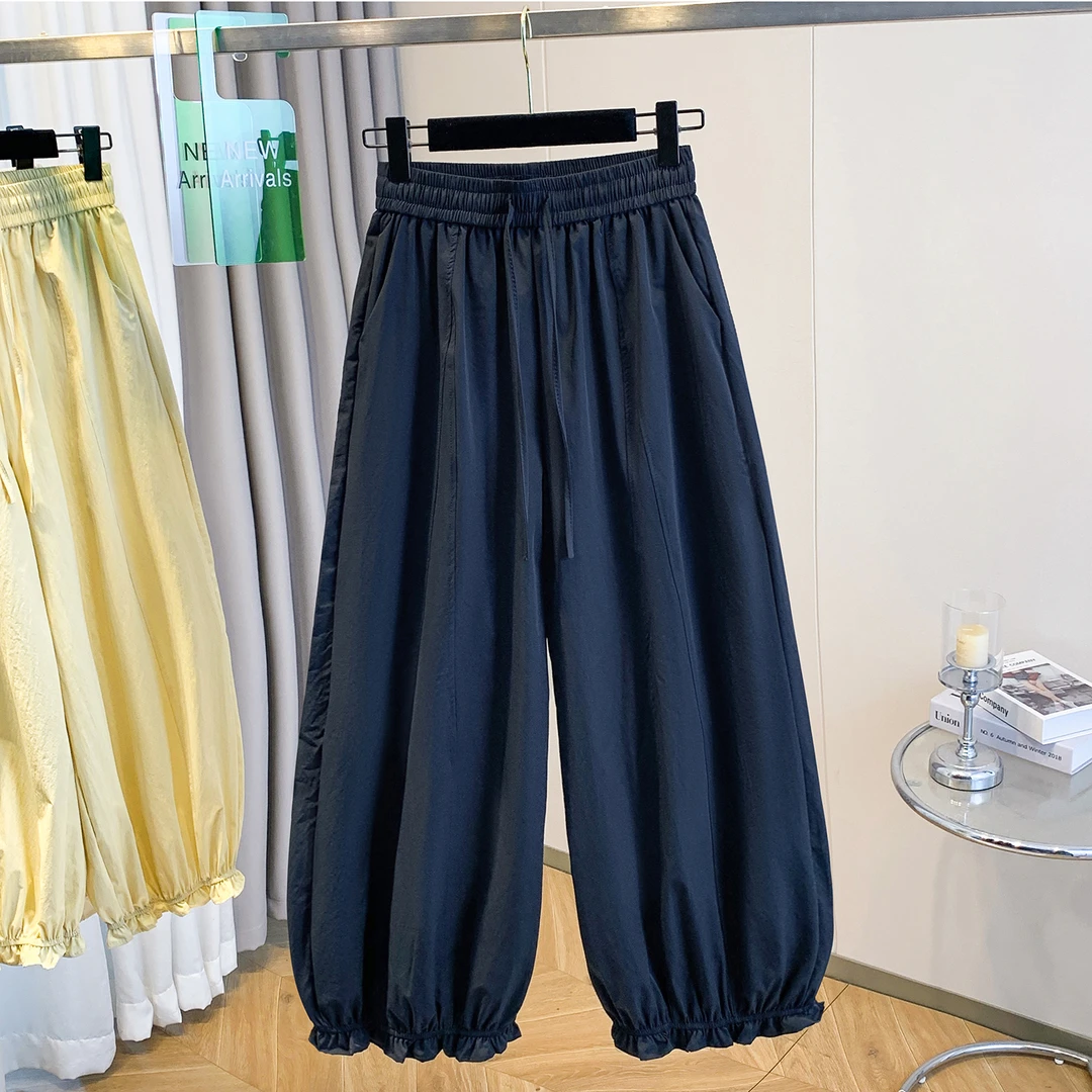 胖妹妹240斤大码速干卷边束脚灯笼裤女夏宽松高腰抽绳直筒九分裤