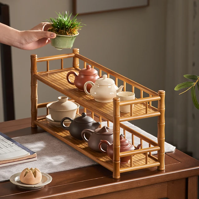 桌面紫砂壶摆放展示置物架竹制茶具架茶杯架子茶室小收纳架博古架