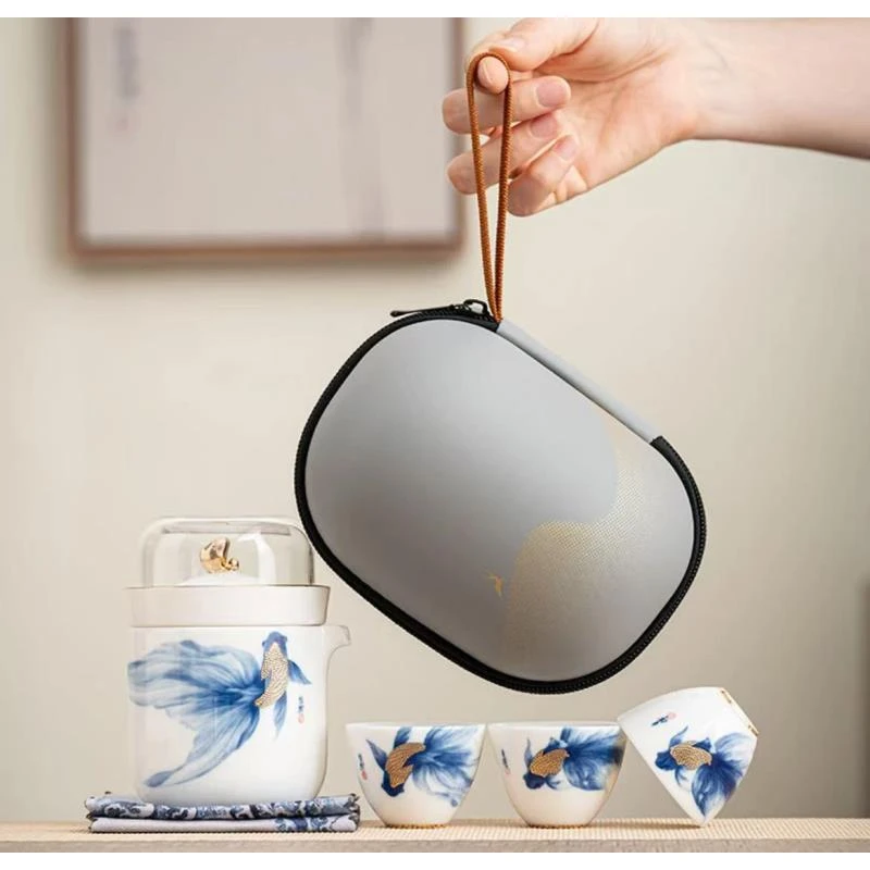 【闪购链接】悠然自得快客一壶三杯（蓝色金鱼亮面）—76