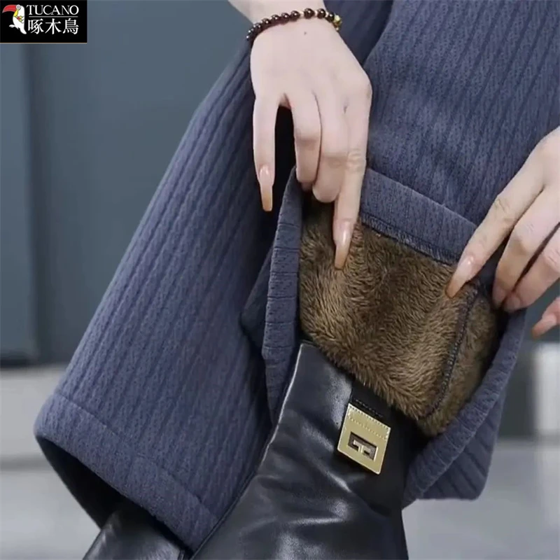 啄木鸟正品加绒加厚冬季保暖休闲裤牛仔暖裤绒裤高腰显瘦直筒裤女