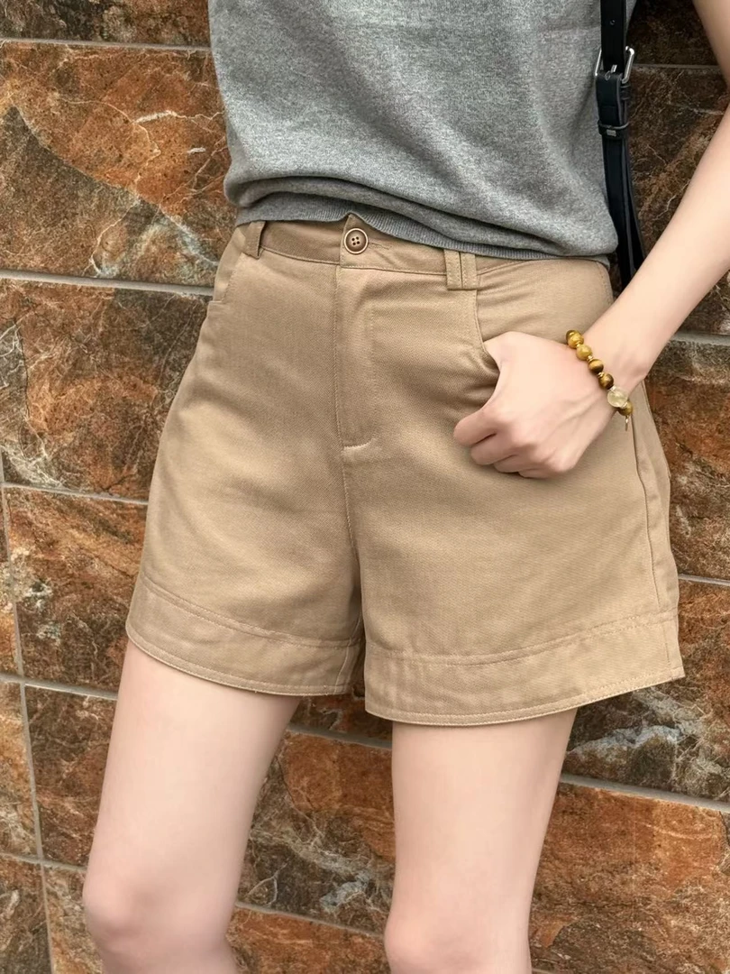LOUYIMENG【都市漫游】老钱风高腰短裤夏季卡其色复古短裤显瘦女