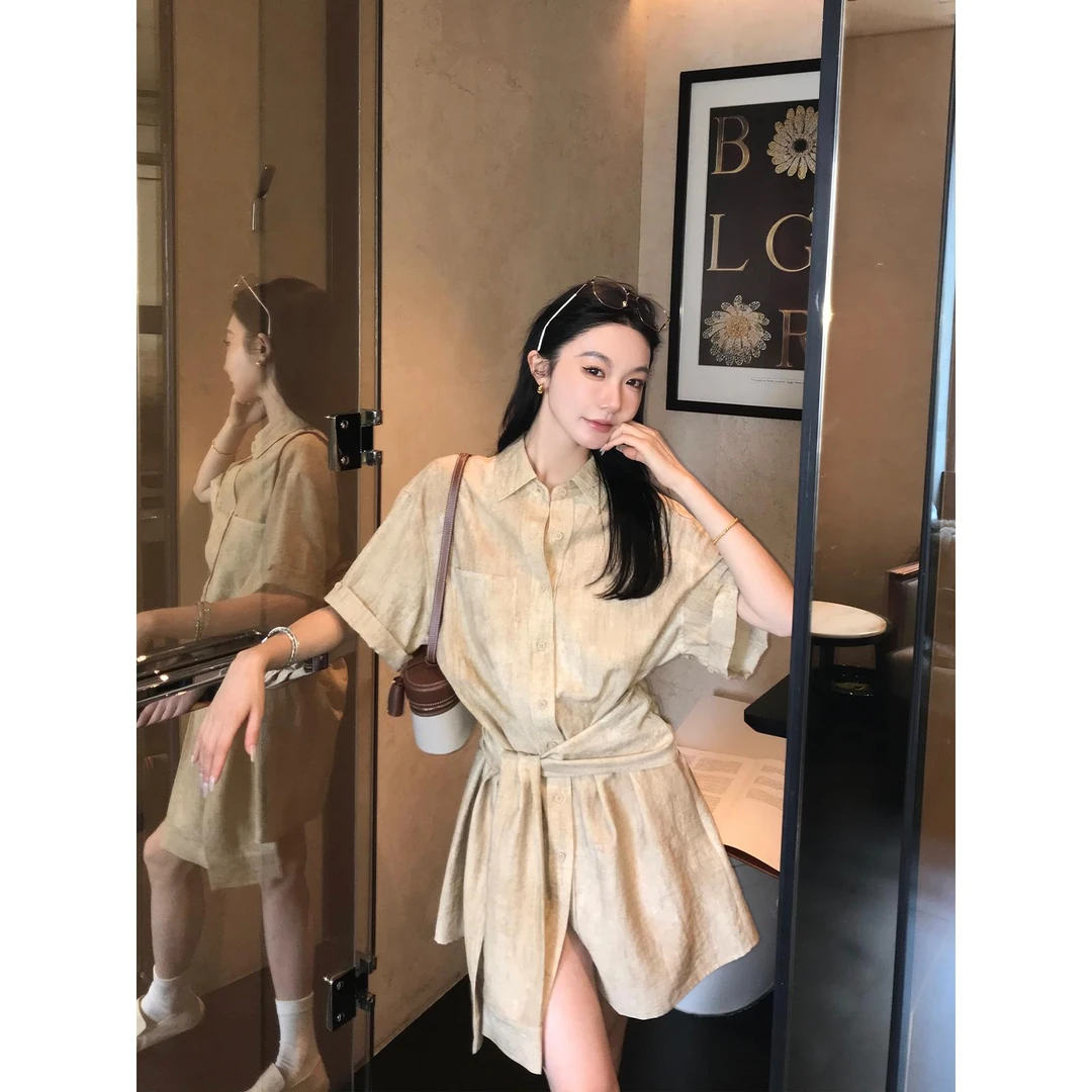 区区欧阳 交叉绑带衬衫连衣裙女夏季设计感小众飘带复古短裙