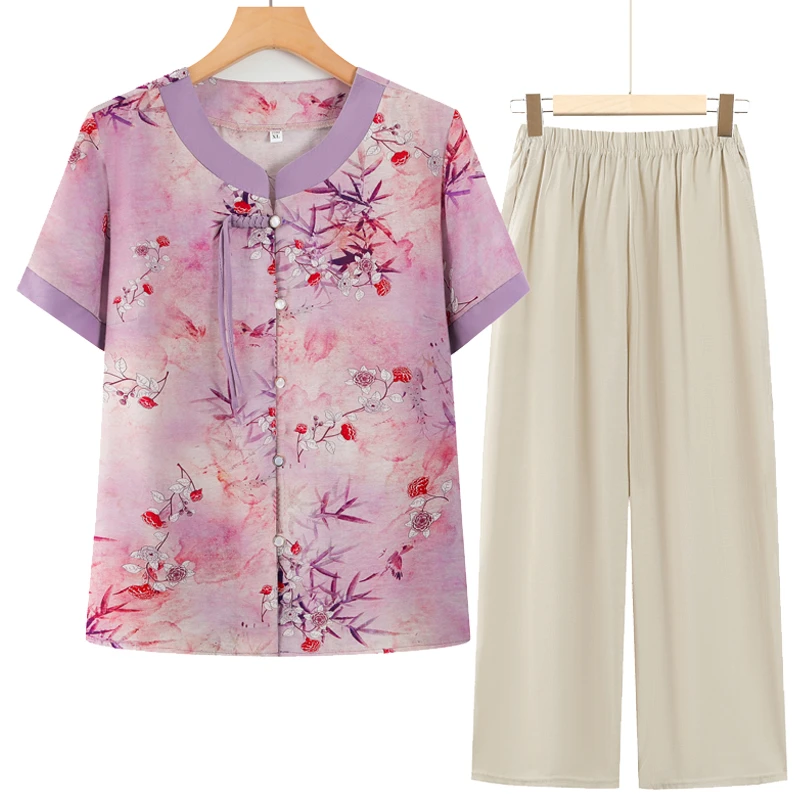 奶奶夏季套装时尚宽松老年人衣服短袖T恤两件套开衫上衣老人夏装