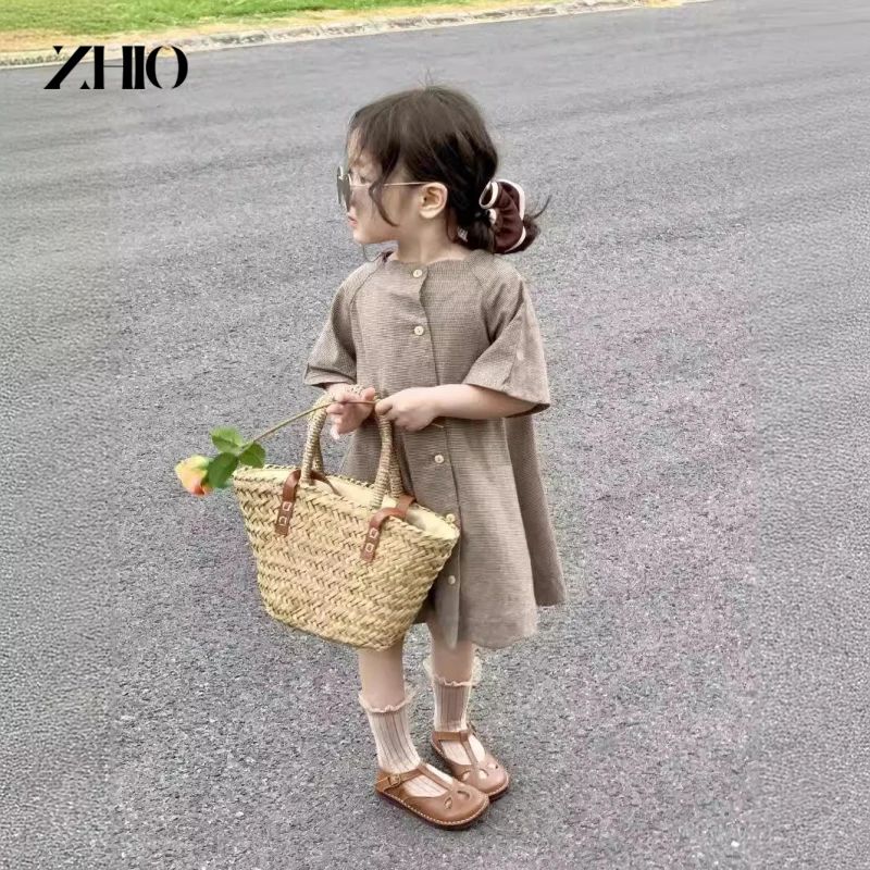 女童夏季新款童装法式复古千鸟格时髦小众格子花边裙洋气连衣裙