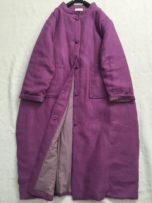 冬季时尚新款复古砂洗紫色亚麻中式对襟加厚棉袄风衣盘扣长款棉衣