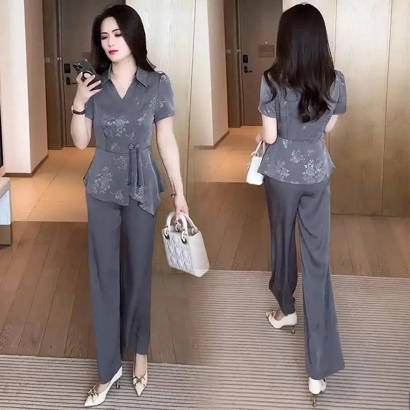 时髦减龄新中式气质短袖套装女夏季新款洋气高贵显瘦阔腿裤两件套