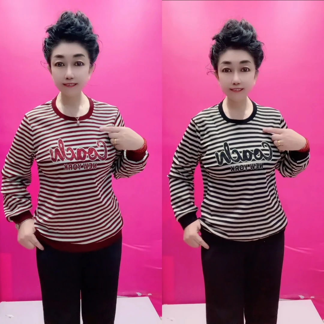 秋季中老年妈妈装圆领条纹字母烫钻休闲显瘦长袖上衣