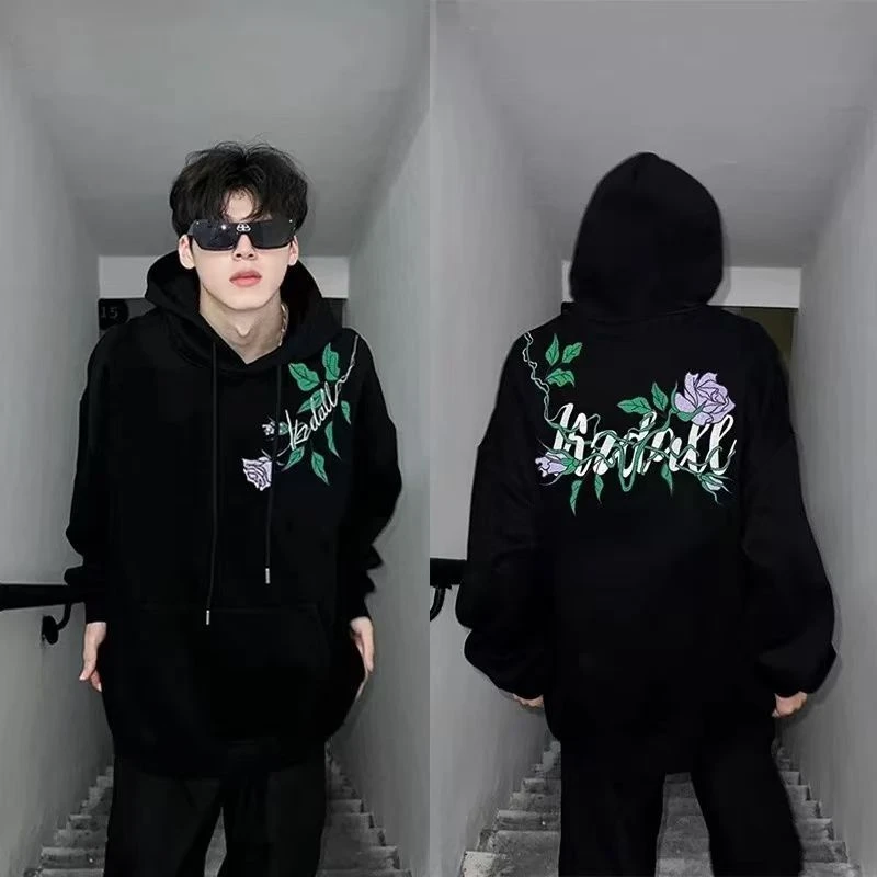 紫色玫瑰连帽卫衣刺绣宽松秋冬男美式百搭休闲重磅情侣上衣外套潮