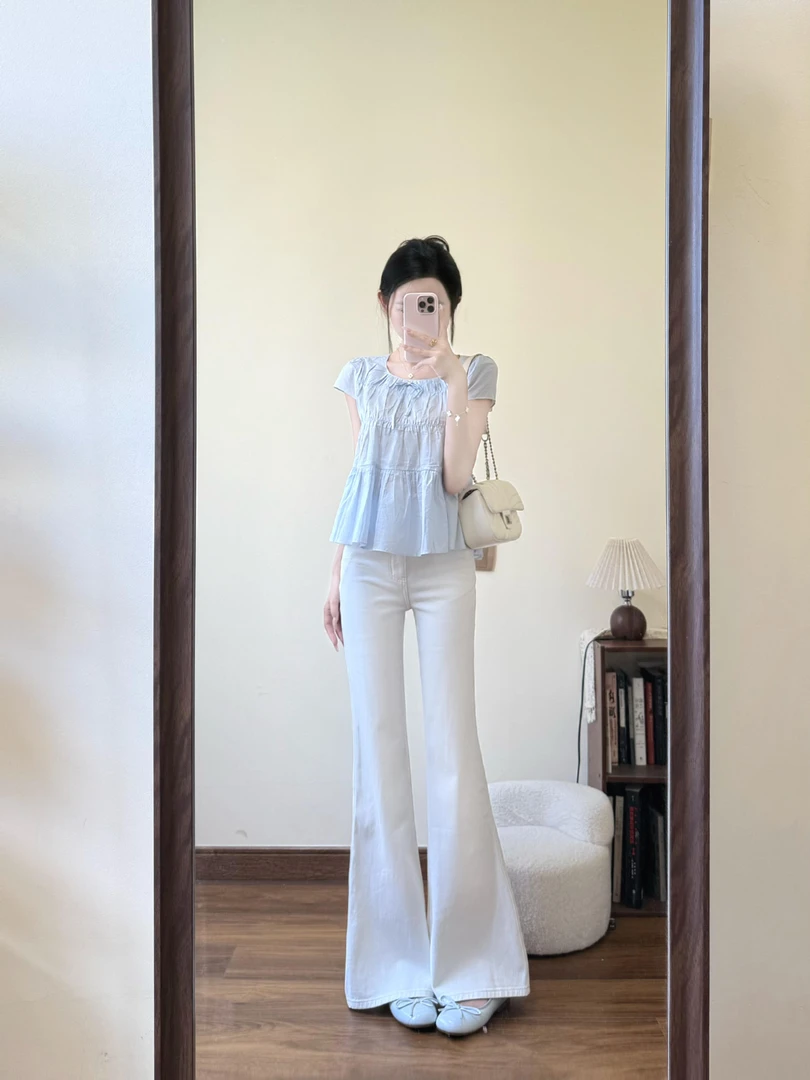 2025夏季新款高级感蓝色飞飞袖娃娃衫上衣搭配微喇休闲裤两件套装