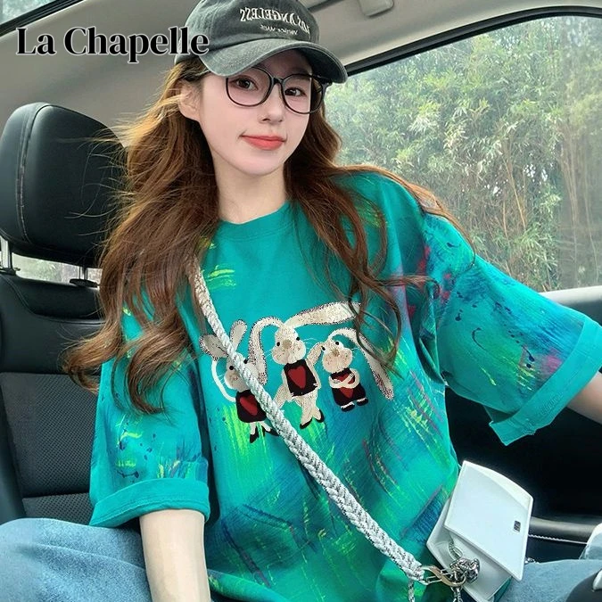 拉秋贝尔秋季新款棉质后包领宽松慵懒短袖t恤女甜美可爱风格衣服