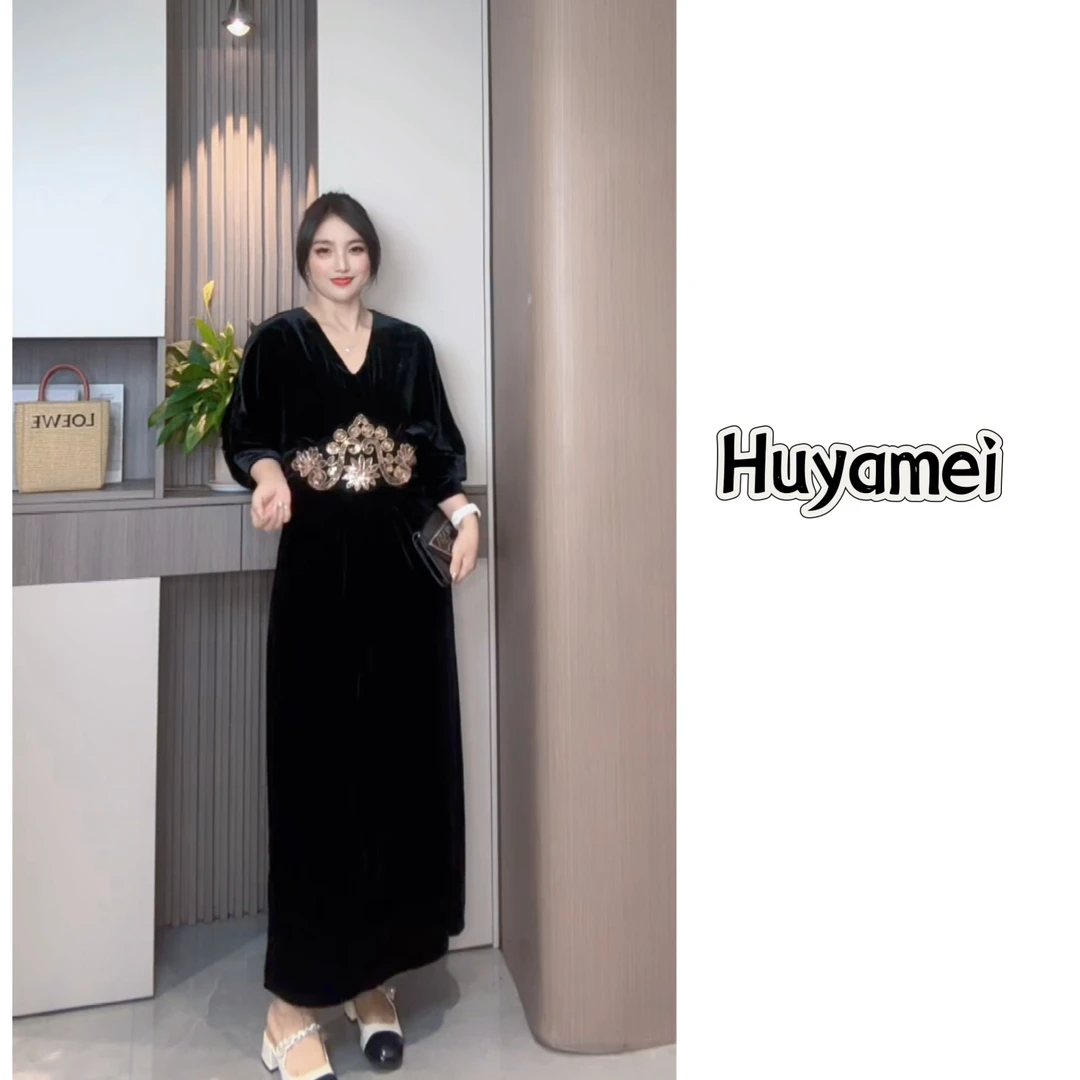 显瘦气质复古时尚长袖高腰修身过膝连衣裙女神裙