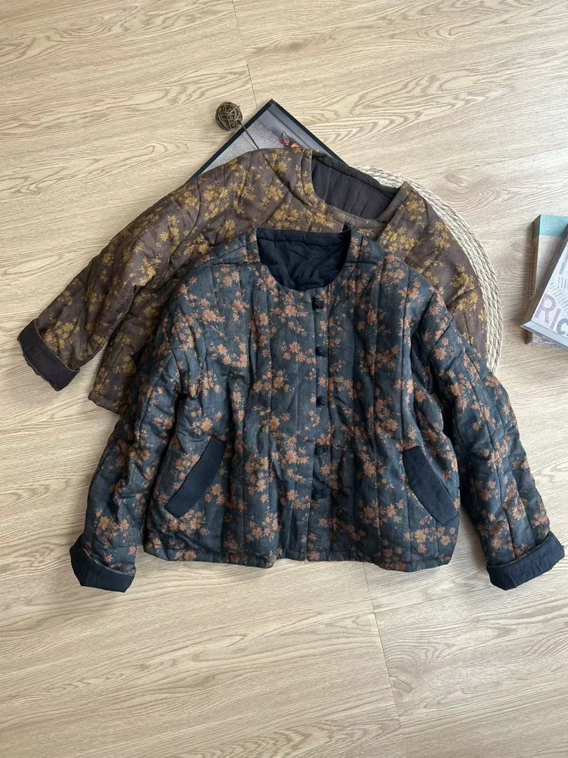 无品牌丽丽-原创亚麻数码印花盘扣圆领小型棉衣