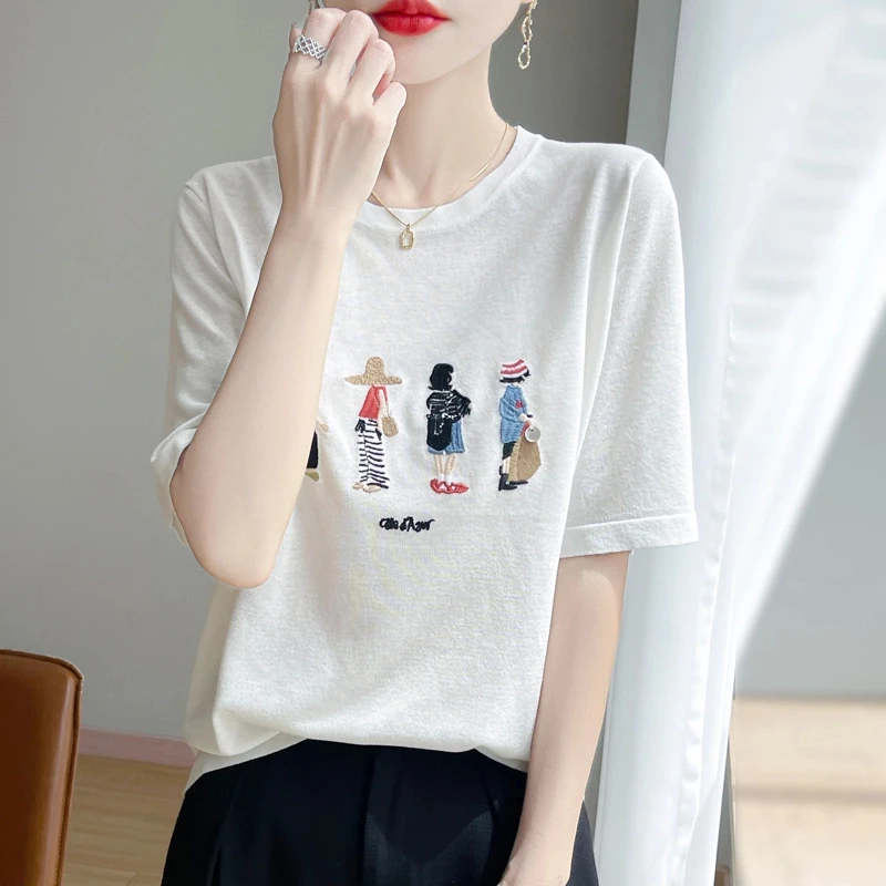 夏季新款竹节麻刺绣四个女孩针织短袖时尚百搭宽松透气显瘦设计感