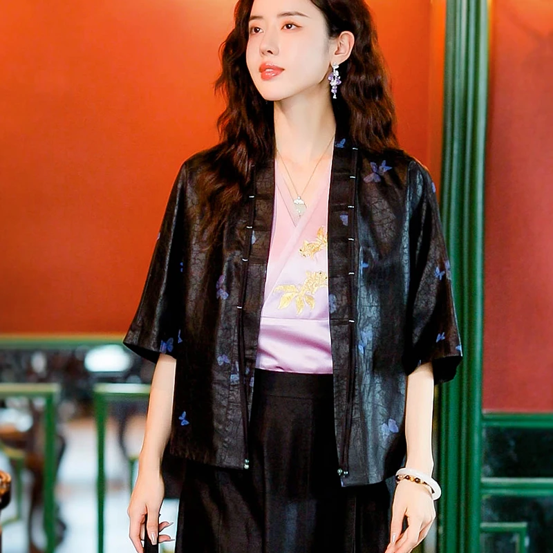 复古日记“兰蝶”100桑蚕丝黑龟香云纱印花蝴蝶中式直开襟防晒外套