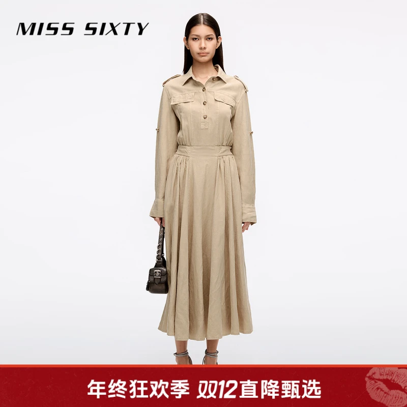 Miss Sixty2025春季新款长袖牛仔连衣裙女衬衫领显瘦A字裙莱赛尔