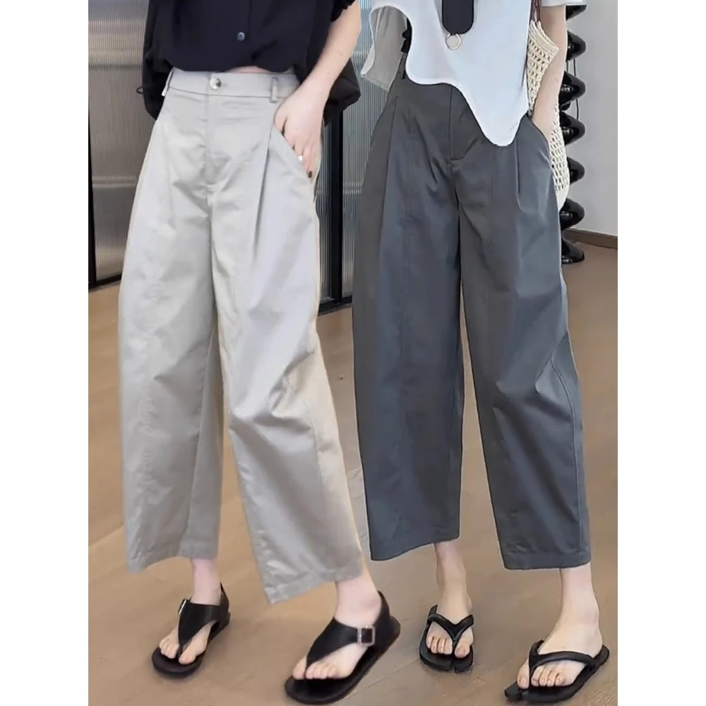 欧货哈伦阔腿休闲裤女2025夏季新款高腰宽松显瘦百搭八分弯刀裤子